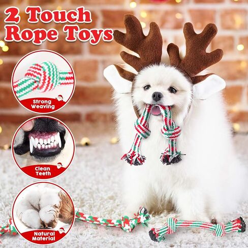 Christmas Dog Toys 8 Pack, Santa Squeaky Plush Chew Toys for Puppy, Durable Interactive Rope Toys for Teething, Treating Ball and Bone Rubber Toys for Small Dogs in Saudi Arabia
