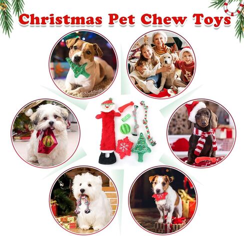 Christmas Dog Toys 8 Pack, Santa Squeaky Plush Chew Toys for Puppy, Durable Interactive Rope Toys for Teething, Treating Ball and Bone Rubber Toys for Small Dogs in Saudi Arabia