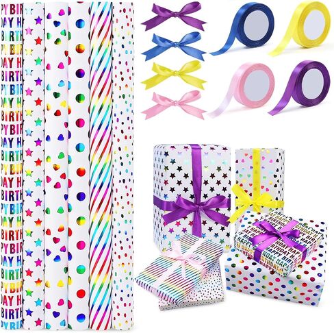 xunhewi Birthday Wrapping Paper Roll - Iridescent Gift Wrapping Paper 6 Rolls - 17 inch x 120 inch Mini Roll Gold Foil Design 6 Pack Bows for Gift Wapping for Birthday, Party, Holiday in Saudi Arabia