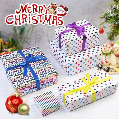 xunhewi Birthday Wrapping Paper Roll - Iridescent Gift Wrapping Paper 6 Rolls - 17 inch x 120 inch Mini Roll Gold Foil Design 6 Pack Bows for Gift Wapping for Birthday, Party, Holiday in Saudi Arabia