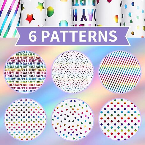 xunhewi Birthday Wrapping Paper Roll - Iridescent Gift Wrapping Paper 6 Rolls - 17 inch x 120 inch Mini Roll Gold Foil Design 6 Pack Bows for Gift Wapping for Birthday, Party, Holiday in Saudi Arabia