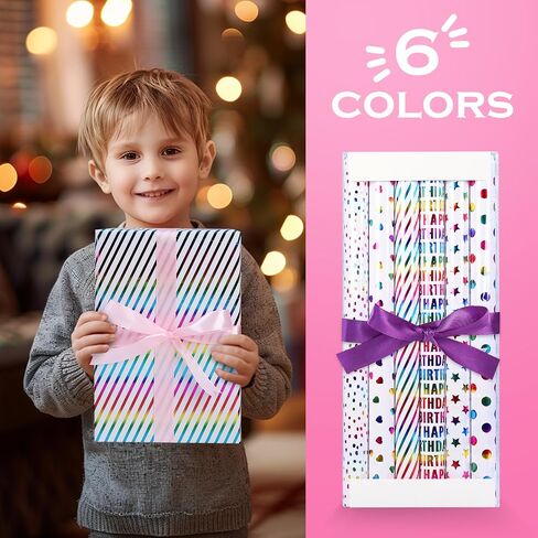xunhewi Birthday Wrapping Paper Roll - Iridescent Gift Wrapping Paper 6 Rolls - 17 inch x 120 inch Mini Roll Gold Foil Design 6 Pack Bows for Gift Wapping for Birthday, Party, Holiday in Saudi Arabia