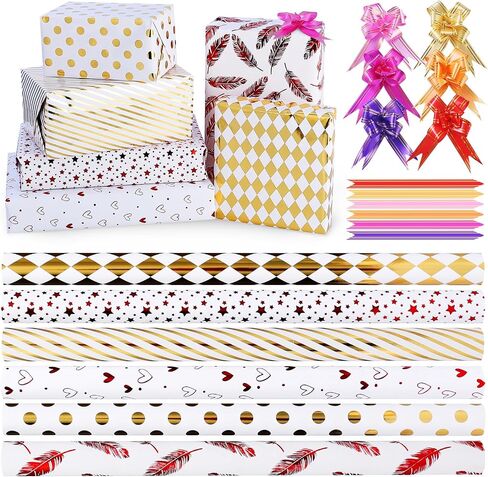 xunhewi Birthday Wrapping Paper Roll - Iridescent Gift Wrapping Paper 6 Rolls - 17 inch x 120 inch Mini Roll Gold Foil Design 6 Pack Bows for Gift Wapping for Birthday, Party, Holiday in Saudi Arabia