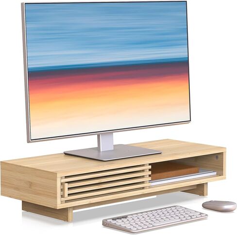 Monitor Stand Riser with Sliding Door, Desk Shelf with Storage (Natural Bamboo, 38 Inch) in Saudi Arabia