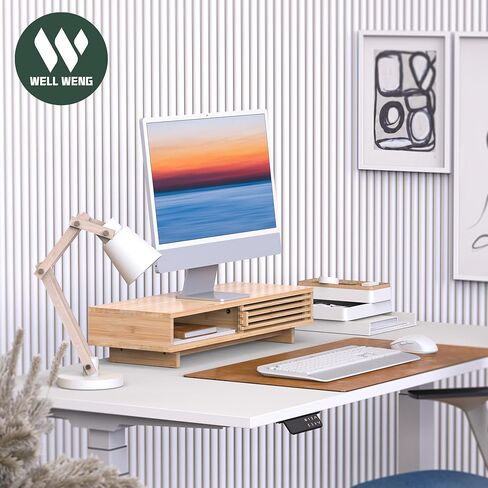 Monitor Stand Riser with Sliding Door, Desk Shelf with Storage (Natural Bamboo, 38 Inch) in Saudi Arabia