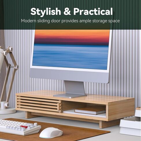Monitor Stand Riser with Sliding Door, Desk Shelf with Storage (Natural Bamboo, 38 Inch) in Saudi Arabia