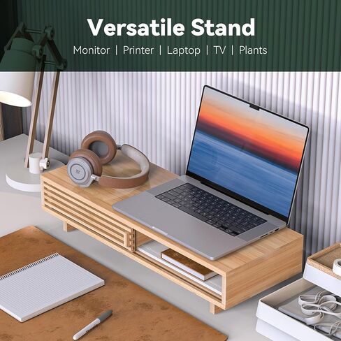 Monitor Stand Riser with Sliding Door, Desk Shelf with Storage (Natural Bamboo, 38 Inch) in Saudi Arabia