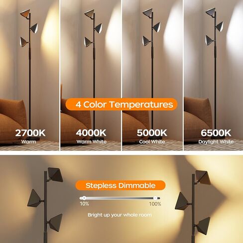 ROTTOGOON LED Tree Floor Lamp, 36W Dimmable Tall Standing Lamp with Remote & Touch Control, 2700K-6500K 4 Color Temperatures, 3 Rotatable LED Lights Floor Lamps for Living Room, Bedroom, Office in Saudi Arabia