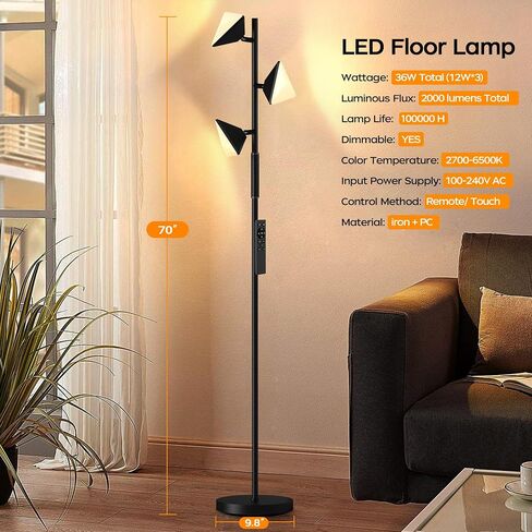 ROTTOGOON LED Tree Floor Lamp, 36W Dimmable Tall Standing Lamp with Remote & Touch Control, 2700K-6500K 4 Color Temperatures, 3 Rotatable LED Lights Floor Lamps for Living Room, Bedroom, Office in Saudi Arabia