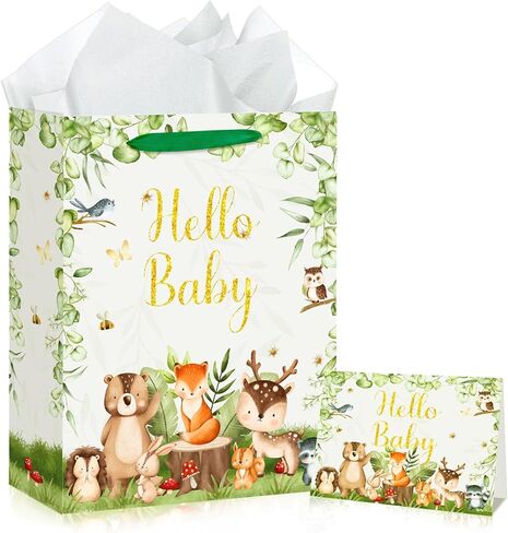 Baby Shower Paper Bag Hello Baby Large Gift Bag Woodland Animals Sage Green Baby Girl Boy Wrapping Paper with Tissue Paper Card for Baby Shower Birthday Gender Reveal Party Favors Decorations Supplies in Kuwait