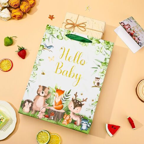Baby Shower Paper Bag Hello Baby Large Gift Bag Woodland Animals Sage Green Baby Girl Boy Wrapping Paper with Tissue Paper Card for Baby Shower Birthday Gender Reveal Party Favors Decorations Supplies in Kuwait