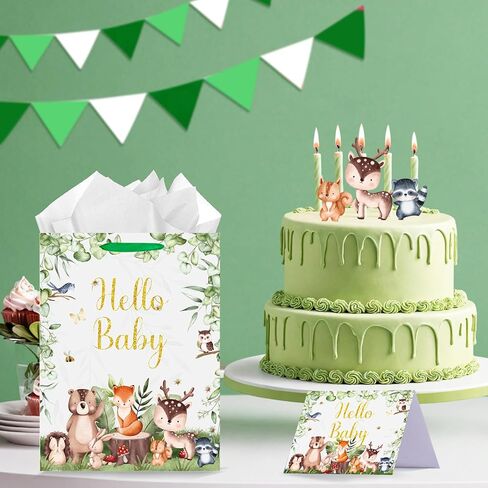 Baby Shower Paper Bag Hello Baby Large Gift Bag Woodland Animals Sage Green Baby Girl Boy Wrapping Paper with Tissue Paper Card for Baby Shower Birthday Gender Reveal Party Favors Decorations Supplies in Kuwait