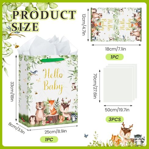 Baby Shower Paper Bag Hello Baby Large Gift Bag Woodland Animals Sage Green Baby Girl Boy Wrapping Paper with Tissue Paper Card for Baby Shower Birthday Gender Reveal Party Favors Decorations Supplies in Kuwait