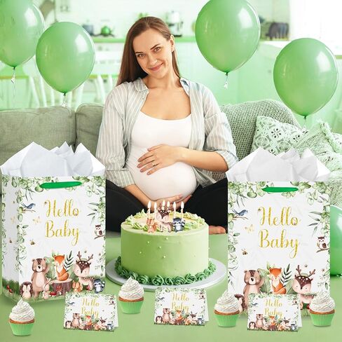 Baby Shower Paper Bag Hello Baby Large Gift Bag Woodland Animals Sage Green Baby Girl Boy Wrapping Paper with Tissue Paper Card for Baby Shower Birthday Gender Reveal Party Favors Decorations Supplies in Kuwait