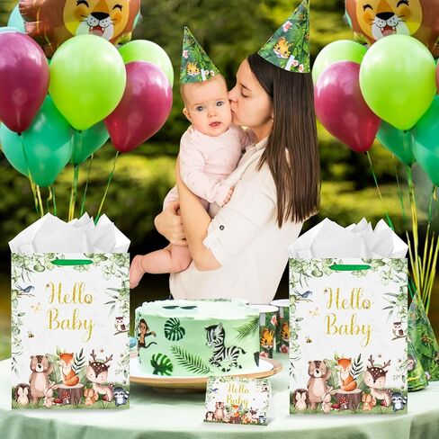 Baby Shower Paper Bag Hello Baby Large Gift Bag Woodland Animals Sage Green Baby Girl Boy Wrapping Paper with Tissue Paper Card for Baby Shower Birthday Gender Reveal Party Favors Decorations Supplies in Kuwait