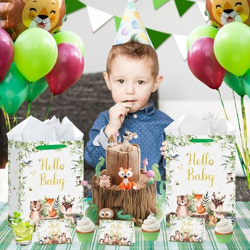 Baby Shower Paper Bag Hello Baby Large Gift Bag Woodland Animals Sage Green Baby Girl Boy Wrapping Paper with Tissue Paper Card for Baby Shower Birthday Gender Reveal Party Favors Decorations Supplies in Kuwait