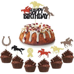 Ephlyn 24Pcs Horse Cupcake Toppers Glitter Animal Horse Racing Cupcake Pick Decorations for Baby Shower Kids Birthday Equestrian Theme Party Decorations Supplies Black