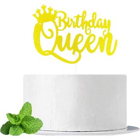 JIEEIN Birthday Queen Cake Topper for Queen Birthday Party Decorations Supplies, Double Sided Gold Glitter