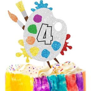 4th Slime Cake Topper - Art Themed Palette Painting Graffi Boy Girl Happy Birthday Party Decorations Supplies - Four Years Old Birthday Cake Decor