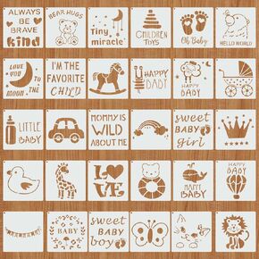 30Pcs Baby Shower Stencils for Painting, 5 Inch Cute Onesie Stencil, Mixed Animals Pattern Painting Stencils, Reusable Baby Shower Template for Painting Bodysuit Shirts Shoes Bibs Clothes