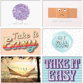 Better Office Products 50 Pack Get Well Cards with Envelopes, Take It Easy Thinking of You Cards, 4 x 6 Inch, 6 Varied Cover Designs, Blank Inside