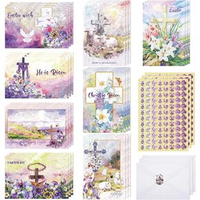 Eersida 24 Sets Easter Greeting Cards with Scripture Includes 24 Pcs 4 x 6'' He is Risen Easter Cross Religious Greeting Cards, 24 Pcs White Envelopes, 48 Pack Sealing Stickers for Christians Party
