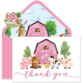 24Pcs Farm Animals Thank You Cards with Envelopes and Stickers Red Cartoon Animals Greeting Cards Blank Note Cards for Farmhouse Party Birthday Baby Shower