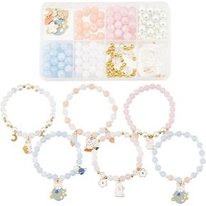 SUNNYCLUE 1 Box DIY 6Pcs Easter Rabbit Charms Enamel Bunny Charms Beaded Bracelets Making Kit Carrot Charm Planet Moon Crescent Charm Round Glass Beads Faceted Bead for Jewelry Making Beading Kits