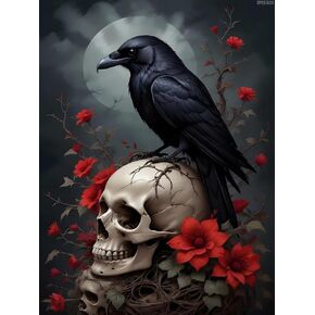 IPISSOI Halloween Crow Diamond Painting Kit for Adults 5D Red Flowers Skull Crow Diamond Art Kit Halloween DIY Full Round Diamond Gem Art for Home Wall Decor 12x16 inch