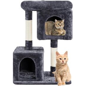 FluffyDream 33.5in Small Cat Tree Tower for Indoor Adult Cats, 2 Cozy Plush Condos, Oversized Perch & Sisal Scratching Posts,Grey