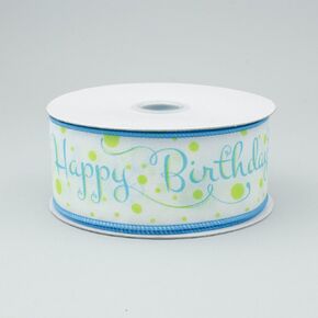 1.5" Wide Expressions Happy Birthday Satin Wired Ribbon White, Lime, Turquoise (10 Yards)