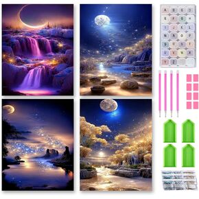 Josongslax Diamond Painting Kits with Storage Containers, 4 Pack 5D Diamond Art Kits for Adults, Arts Crafts for Adult DIY Home Wall Aesthetic Decor Gift 12 x 16 Inch, Moonlight Scenery
