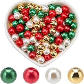 600pcs 4 Colors 8mm Imitation Pearl Beads Christmas Theme Acrylic Plastics Red Green Gold Dyed Faux Artificial Pearls Bulk for Jewelry Making DIY Holiday Necklaces Earrings