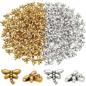 PH PandaHall 200pcs Antique Spacer Beads Metal Dragonfly Beads Tibetan Sliver GoldAnimal Charm Beads Spacer for DIY Necklace Bracelet Earring Craft Jewelry Making 6x8mm