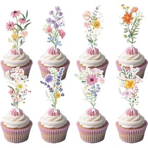 Wildflower Baby Shower Decorations, 48PCS Flower Birthday Cupcake Toppers Baby in Bloom Decor, Floral Spring Party Wedding Bridal Shower Decoration
