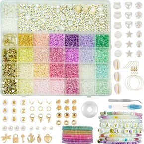 9000+PCS 3mm Seed Beads for Jewelry Bracelet Making Kit,24 Colors Small Glass Beads Bracelets with Shell Beads Alphabet Letter Beads And Smile Face Beads for Friendship Diy Jewelry Making Kit