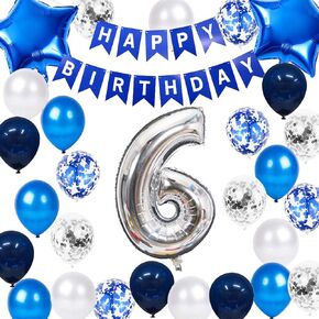 8th Birthday Decorations Blue for Boys, 8th Birthday Banner Balloon Blue Silver, Number 8 Birthday Star Foil Balloons Latex Confetti Balloons for Boys Him 8 Years Old Birthday Supplies(8th)