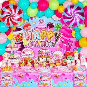 206 PCS Candyland Party Decorations ، Candy Land Decoration with Candy Balloons ، Lollipop Backdrop ، Tablecloth ، Candyland Birthday Banner ، Cake Toppers ، Candyland Lollipop Party Lapkins