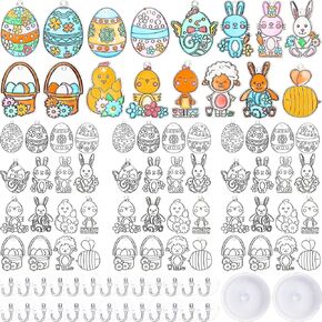 Geyee 130 Pcs Easter Window Art Craft Kit Set 64 Pcs DIY Easter Suncatcher Ornaments Easter Egg Window Art Kit Crafts Toy 64 Pcs Suction Hook 2 Pcs Elastic Cord for Crafts Activities Party Decorate