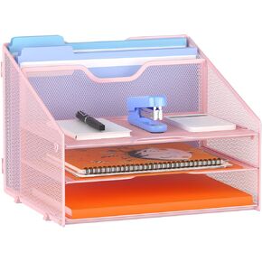 Letter Tray Organizer, Mesh Desk File Organizer with 3 Paper Trays and 2 Vertical Upright Section (Pink)