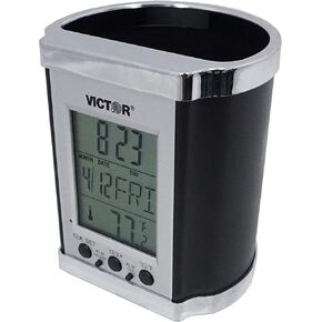 Victor PH500 Electronic Pencil Cup w/LCD Display, Temperature in Farenheit & Celsius, Time, Date, Day of Week, Great for Home and Office Desks, Black & Chrome