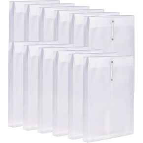 12 Pack Clear Plastic Envelopes Poly Envelopes Expandable Files Document Folders with Button & String Tie Closure - Letter A4 Size - 1-1/4 Inch Expansion - for School Office & Home