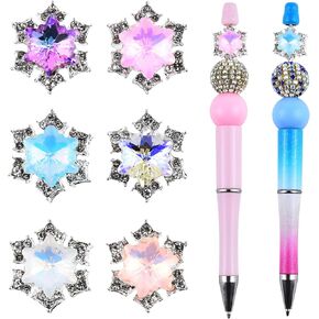 6Pcs Snowflake Shape Rhinestone Alloy Focal Beads for Pens Colorful 3D Snowflake Craft Beads for DIY Craft Beadable Pens Bracelet Necklace Earrings Keychain Jewelry Making