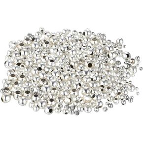 300PCS 14k Silver Spacer Beads 2.5/3/4/5/6mm 5 Sizes Small Round Beads Seamless Smooth Plated Metal Little Beads Lasting for Jewelry Making Loose Ball Beads for Bracelets