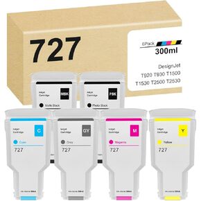 DesignJet 727 Ink Cartridges 300-ml (6-Pack) Replacement for HP 727 Ink Cartridges for DesignJet T920 T930 T1500 T1530 T2500 T2530 Printer, C1Q12A F9J79A F9J76A F9J77A F9J78A F9J80A