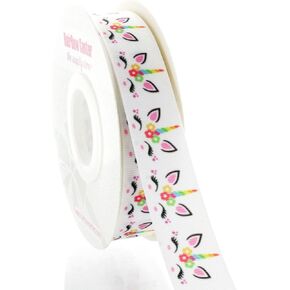 HairBow Center 7/8" Unicorn Faces Grosgrain Ribbon 5yds, 25yds, 100yds - 100% Polyester, Multicolored with Pastel Unicorn Faces on White Background - Perfect for Hair Bows, Packaging, Crafts