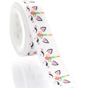 HairBow Center 7/8" Unicorn Faces Grosgrain Ribbon 5yds, 25yds, 100yds - 100% Polyester, Multicolored with Pastel Unicorn Faces on White Background - Perfect for Hair Bows, Packaging, Crafts