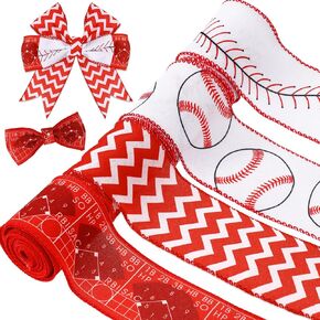 Whaline 20 Yard x 2.5 in Grosgrain Baseball Wired Edge Ribbon Sport Ball Ribbon Red White Fabric Decorative Craft Ribbon for Sport Party Gift Wrapping Decor Hair Bow Sewing Wreath Crafts, 4 Rolls