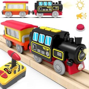 Motorized Train for Wooden Track, Remote Control Train with Magnetic Connection, Battery Operated Locomotive Train Set Compatible with Thomas, Brio, Chuggington - Train Toys for Toddlers
