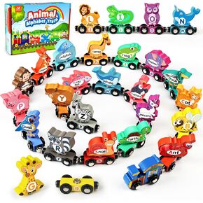 Vanmor Wooden Train Set for Toddlers - Snap-Connection Animal Trains, Magnetic Alphabet Train Learning Toys, STEM Preschool Toys, ABC and Animal Play Set for Kids Ages 3-5